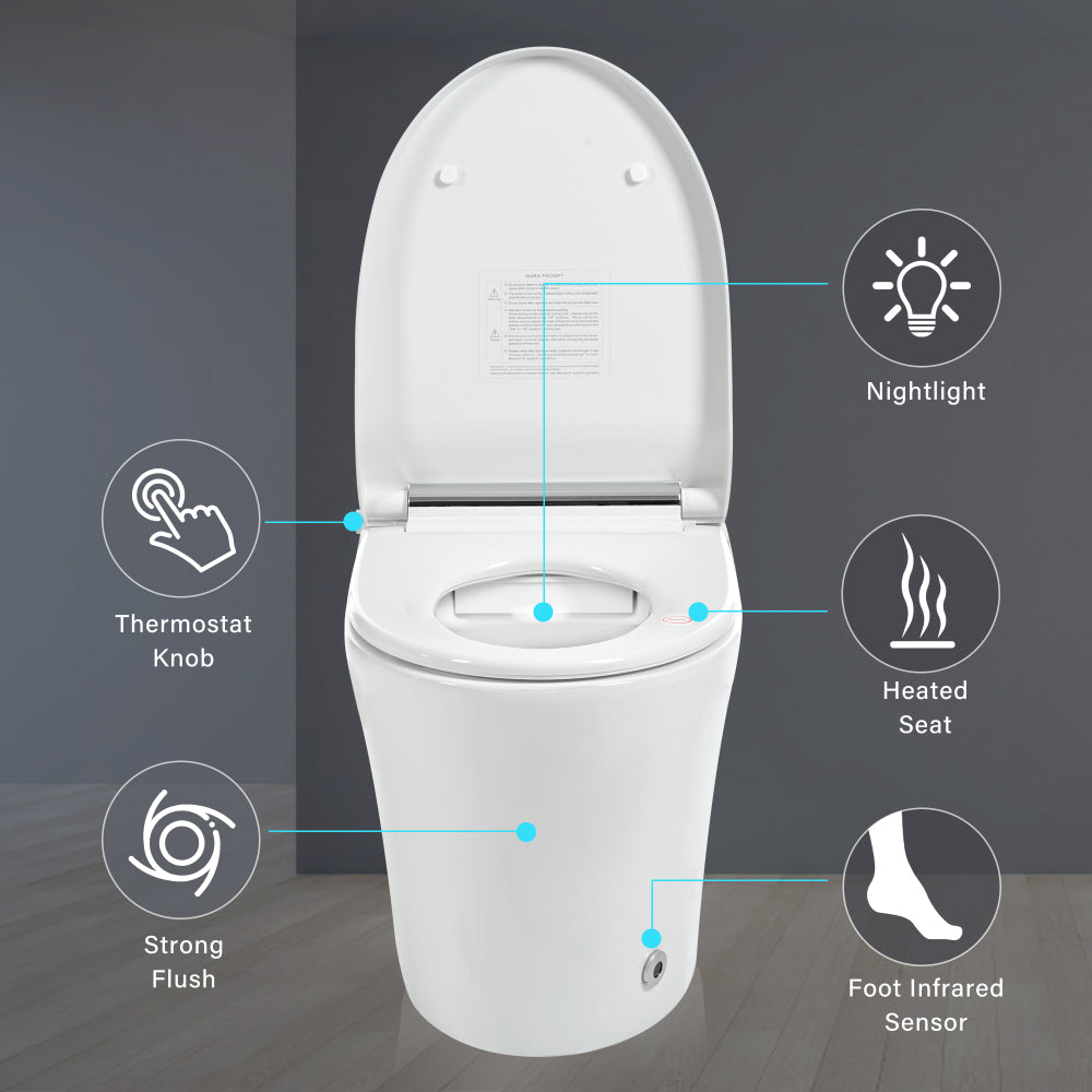Smart toilet with Built-in Heated Seat, One Piece Elongated Modern Toilet with Adjustable Temp Heated Seat, Auto Flush,  Dual Flush Toilet 1/1.28 GPF, Foot sensor Flush, White Night Light,Knob Control