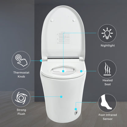 Smart toilet with Built-in Heated Seat, One Piece Elongated Modern Toilet with Adjustable Temp Heated Seat, Auto Flush,  Dual Flush Toilet 1/1.28 GPF, Foot sensor Flush, White Night Light,Knob Control