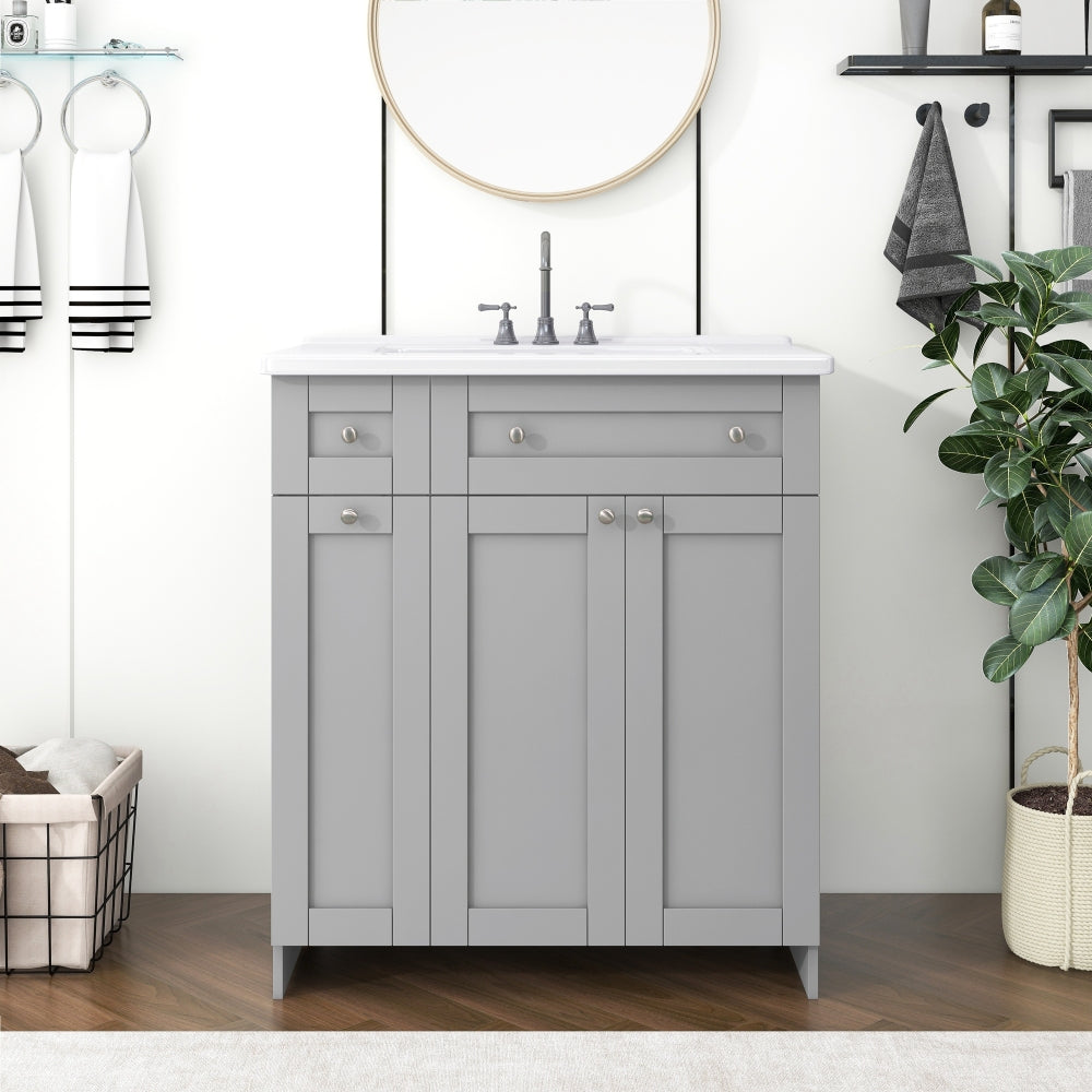 30-Inch Grey Bathroom Vanity with Ceramic Sink Combo, Abundant Storage Cabinet - 2 Soft-close Doors and Double-tier Deep Drawer