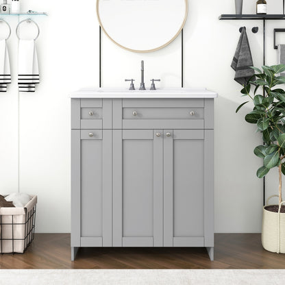 30-Inch Grey Bathroom Vanity with Ceramic Sink Combo, Abundant Storage Cabinet - 2 Soft-close Doors and Double-tier Deep Drawer