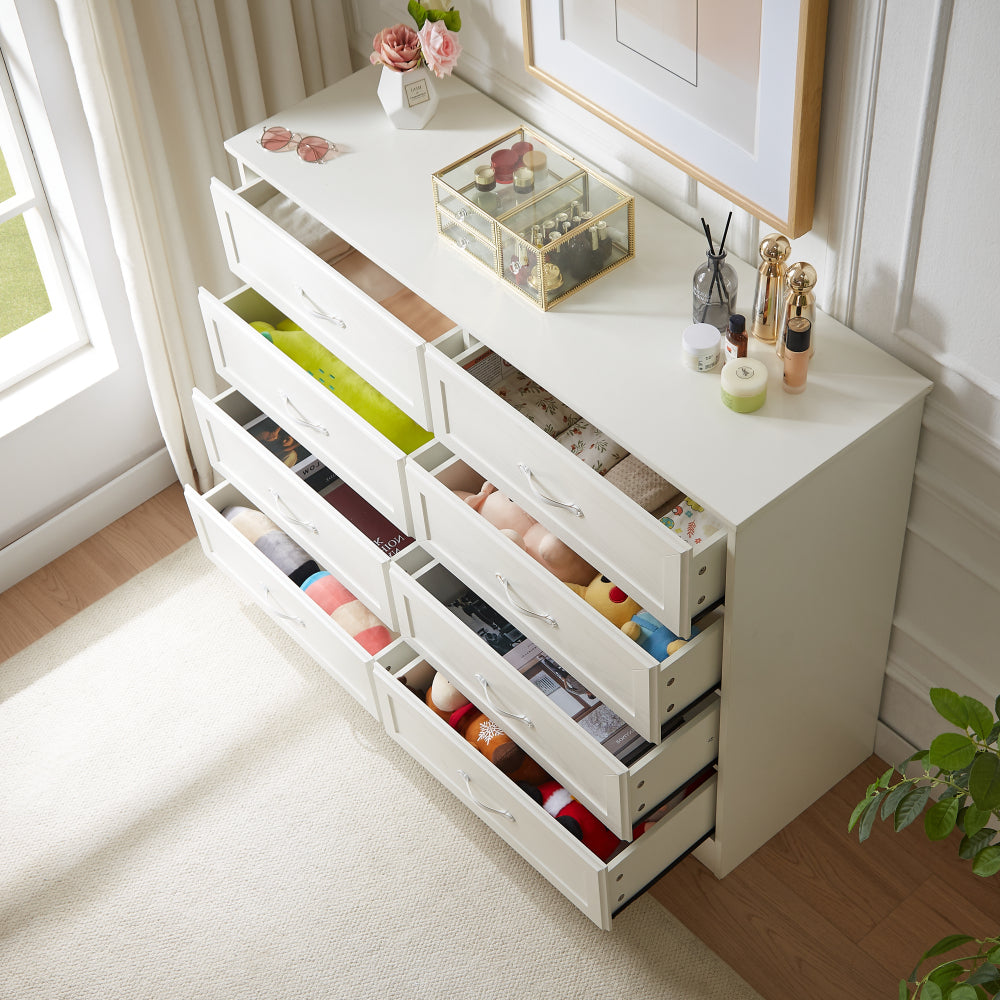 Modern 3 Drawer Bedroom Chest of Drawers with 8 Drawers Dresser, Clothes Organizer -Metal Pulls for Living Room, Bedroom, Hallway, White, 47.6″L x 15.7″W x 36.7″H