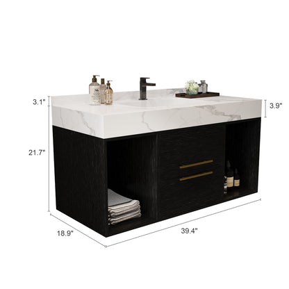 39.4" Bathroom Vanities with Ceramic Sink,Floating Bathroom Vanity,Wall Mounted Storage Cabinet with 2 Drawers and 2 Storage Spaces,Modern Bathroom Sink Cabinet with Metal Handles