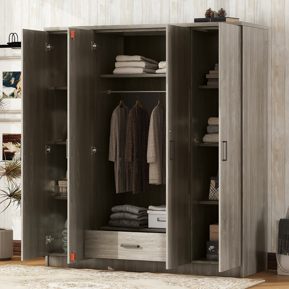3-Door Mirror  Wardrobe with 2 Drawers and Top Cabinet,Gray