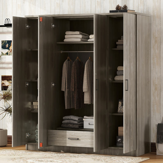 4-Door Wardrobe with 1 Drawer, Gray