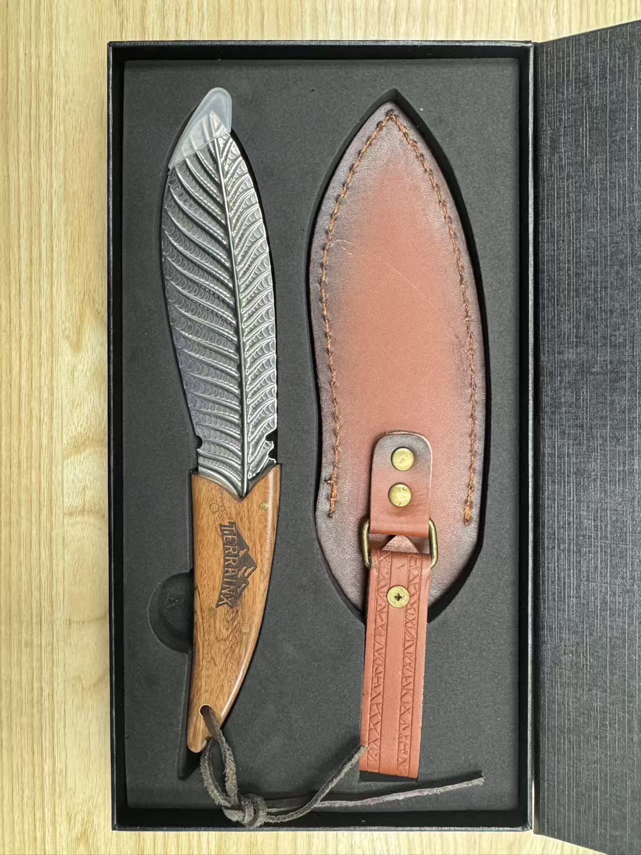TerrainX Feather-Style Fixed Blade Knife with Premium Leather Sheath