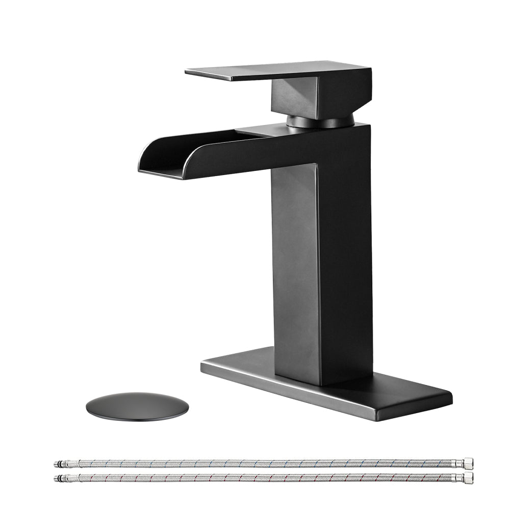 Waterfall Bathroom Faucet Black Single Handle Bathroom Sink Faucets 1 or 3 Hole Solid Vanity Faucet with Deck Plate & Overflow Pop Up Drain Matte Black