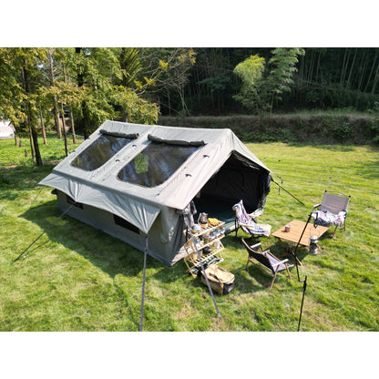 9.8 x13ft  Inflatable Camping Tents with Hand Pump, Air Glamping Tents, Easy Setup Waterproof and Windproof Blow up Tent, 4 Seasons Oxford Cabin Tent with Mesh & Chimney Window. Army green