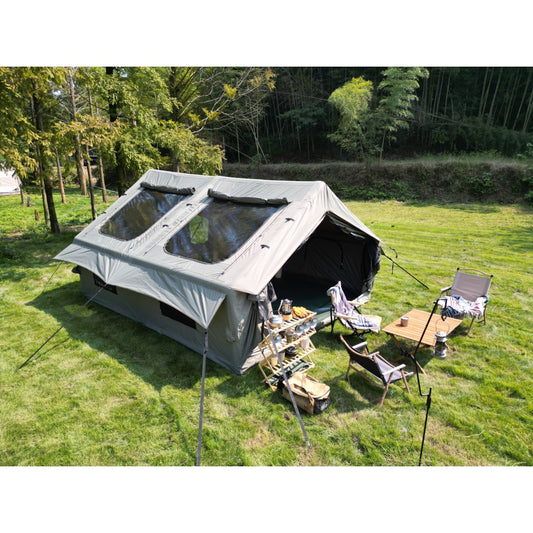 9.8 x13ft  Inflatable Camping Tents with Hand Pump, Air Glamping Tents, Easy Setup Waterproof and Windproof Blow up Tent, 4 Seasons Oxford Cabin Tent with Mesh & Chimney Window. Army green
