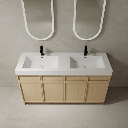 60" Freestanding Bathroom Vanity with White Double Resin Sink & 4 Soft-Close Cabinet Doors (KD-PACKING)