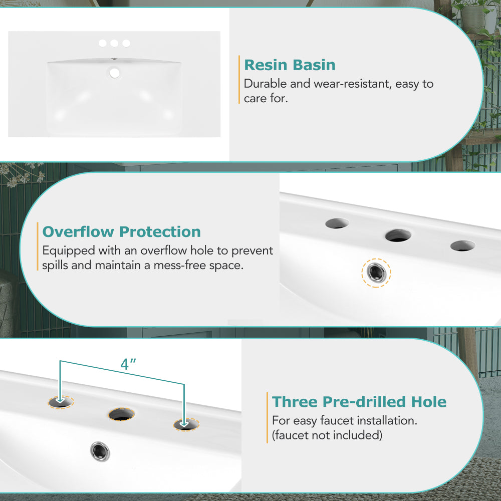 36" Bathroom Vanity Cabinet with Resin Integrated Sink - 4 Drawers, 2 Doors