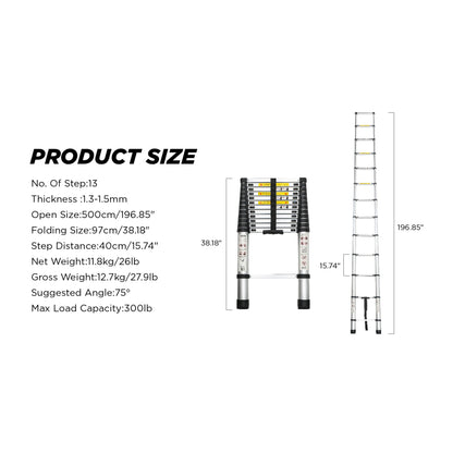 Telescoping Ladder 16.5FT, Telescopic Extension Ladder, Aluminum Alloy Folding Ladder Portable Multi-Purpose for Indoor Outdoor Work, Heavy Duty 300 lbs Load