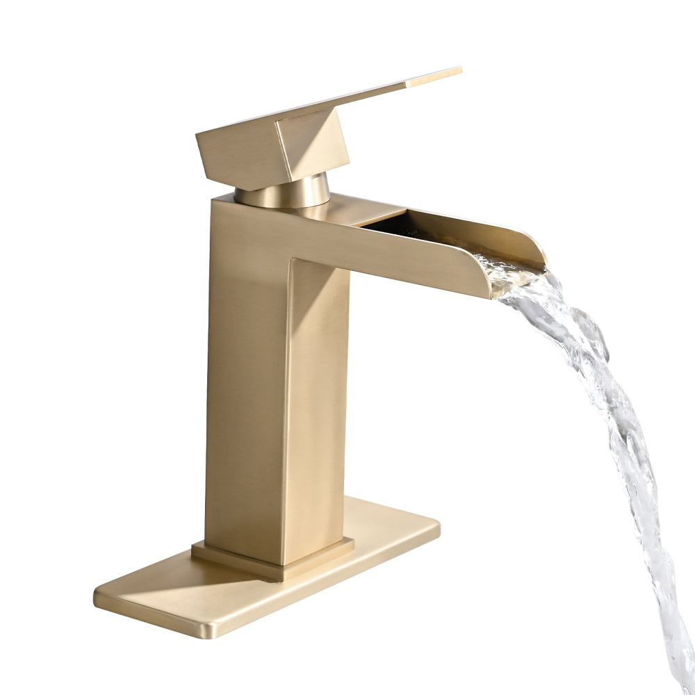 Waterfall Bathroom Faucet Brushed Gold Single Handle Bathroom Sink Faucets 1 or 3 Hole Solid Vanity Faucet with Deck Plate & Overflow Pop Up Drain Brushed Gold