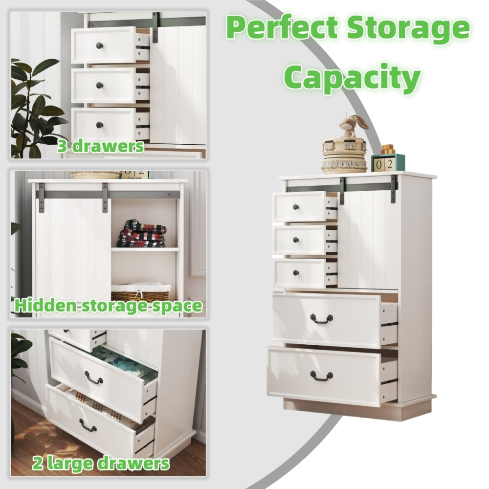 51'' Farmhouse Drawer Chest with Sliding Door, Multi-Storage Drawer Dresser with 5 Drawers and Storage Shelf, Tall Chest of Drawers with Adjustable Shelves for Bedroom, Living room