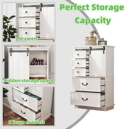 51'' Farmhouse Drawer Chest with Sliding Door, Multi-Storage Drawer Dresser with 5 Drawers and Storage Shelf, Tall Chest of Drawers with Adjustable Shelves for Bedroom, Living room