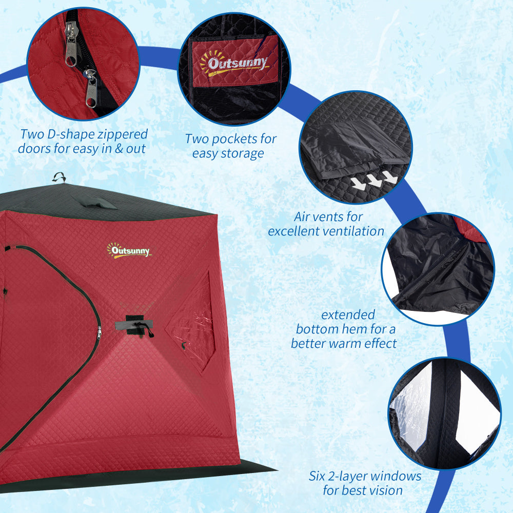 Outsunny 2 Person Insulated Ice Fishing Shelter Pop-Up Portable Ice Fishing Tent with Carry Bag and Anchors for Lowest Temps -22℉, Red