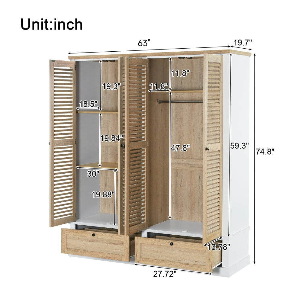 4 Shutter Door Wardrobe Armoire Closet with 2 Drawers, Natural+White