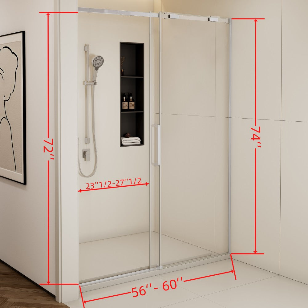 56-60"W x74"H Semi-Frame Single Sliding Shower Door,304 Stainless Steelin Polished Chrome finish,5/16" (8mm) Thick SGCC Tempered Clear Glass,Type C Wrapped Guide Rail Anti-derailment Pulley