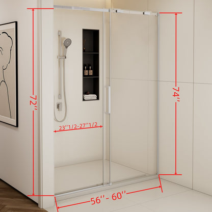 56-60"W x74"H Semi-Frame Single Sliding Shower Door,304 Stainless Steelin Polished Chrome finish,5/16" (8mm) Thick SGCC Tempered Clear Glass,Type C Wrapped Guide Rail Anti-derailment Pulley