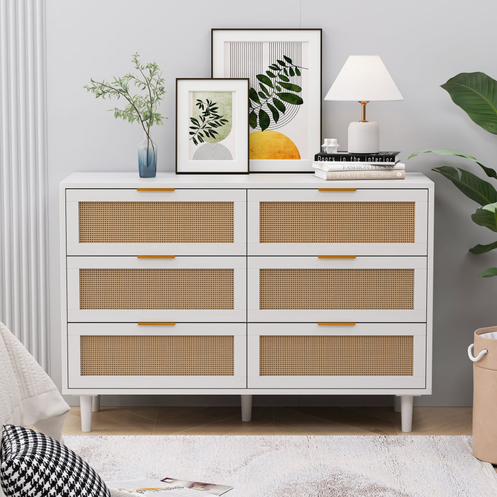 51" Rattan Dresser with Drawers, 6 Drawer Dresser for Bedroom, Clothes Storage Cabinet for Bedroom, Metal Handle&Wood Legs for Hallway, Living Room, Bedroom,Natural