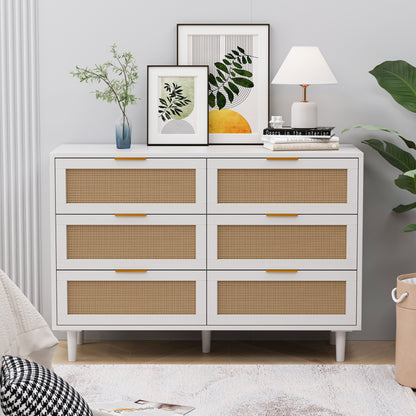51" Rattan Dresser with Drawers, 6 Drawer Dresser for Bedroom, Clothes Storage Cabinet for Bedroom, Metal Handle&Wood Legs for Hallway, Living Room, Bedroom,Natural