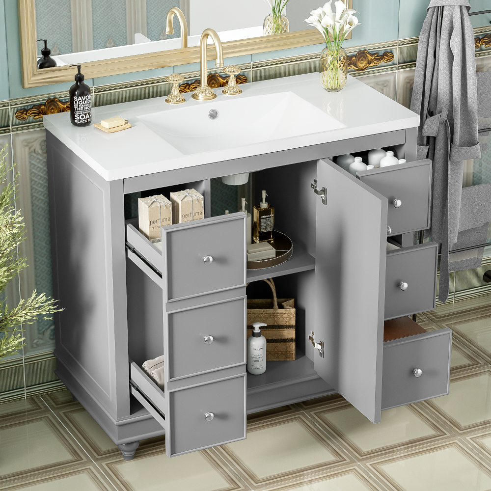 Contemporary Gray Bathroom Vanity Cabinet - 36x18x34 inches, 4 Drawers & 1 Cabinet Door, Multipurpose Storage, Resin Integrated Sink, Adjustable Shelves, Solid Wood Frame with MDF