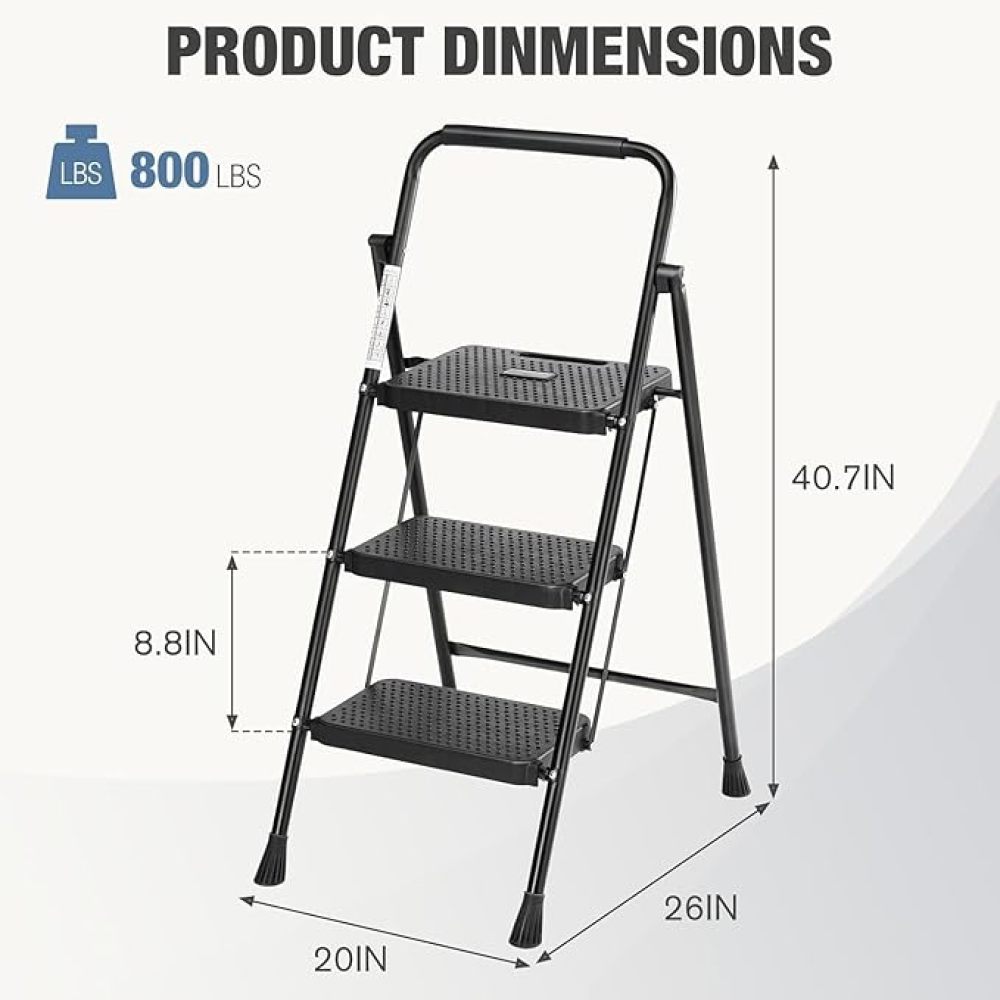 3 Step Ladder, Step Stool Foldable, 800lbs Portable Ladder with Wide Anti-Slip Pedal, Step Stool for Adults, Lightweight Step Ladder for Home Kitchen and Outdoor