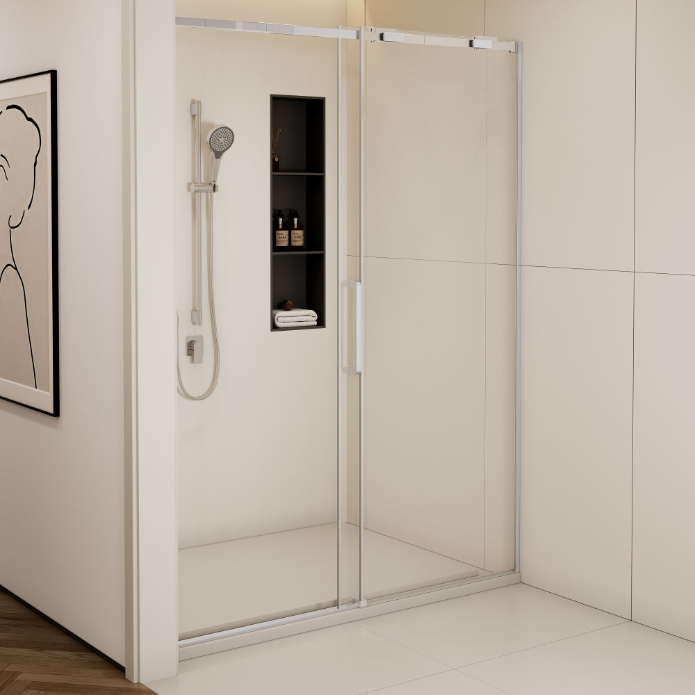 56-60"W x74"H Semi-Frame Single Sliding Shower Door,304 Stainless Steelin Polished Chrome finish,5/16" (8mm) Thick SGCC Tempered Clear Glass,Type C Wrapped Guide Rail Anti-derailment Pulley