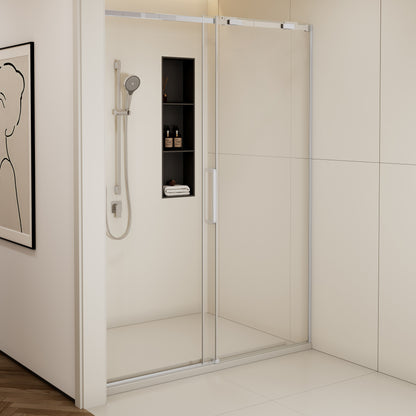 56-60"W x74"H Semi-Frame Single Sliding Shower Door,304 Stainless Steelin Polished Chrome finish,5/16" (8mm) Thick SGCC Tempered Clear Glass,Type C Wrapped Guide Rail Anti-derailment Pulley