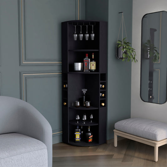 Oban Corner Bar Cabinet with Five Shelves , Eight Bottle Cubbies and Steamware Black