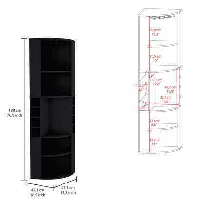 Oban Corner Bar Cabinet with Five Shelves , Eight Bottle Cubbies and Steamware Black