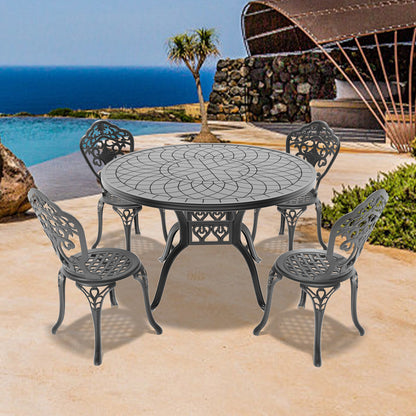 Ø47.24-inch Cast Aluminum Patio Dining Table With Black Frame and Carved Texture on the Tabletop