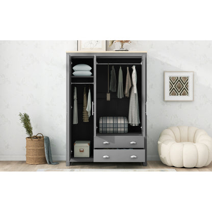 Three Door Storage Wardrobe with Cabinets and Two Hanging Rods,Gray