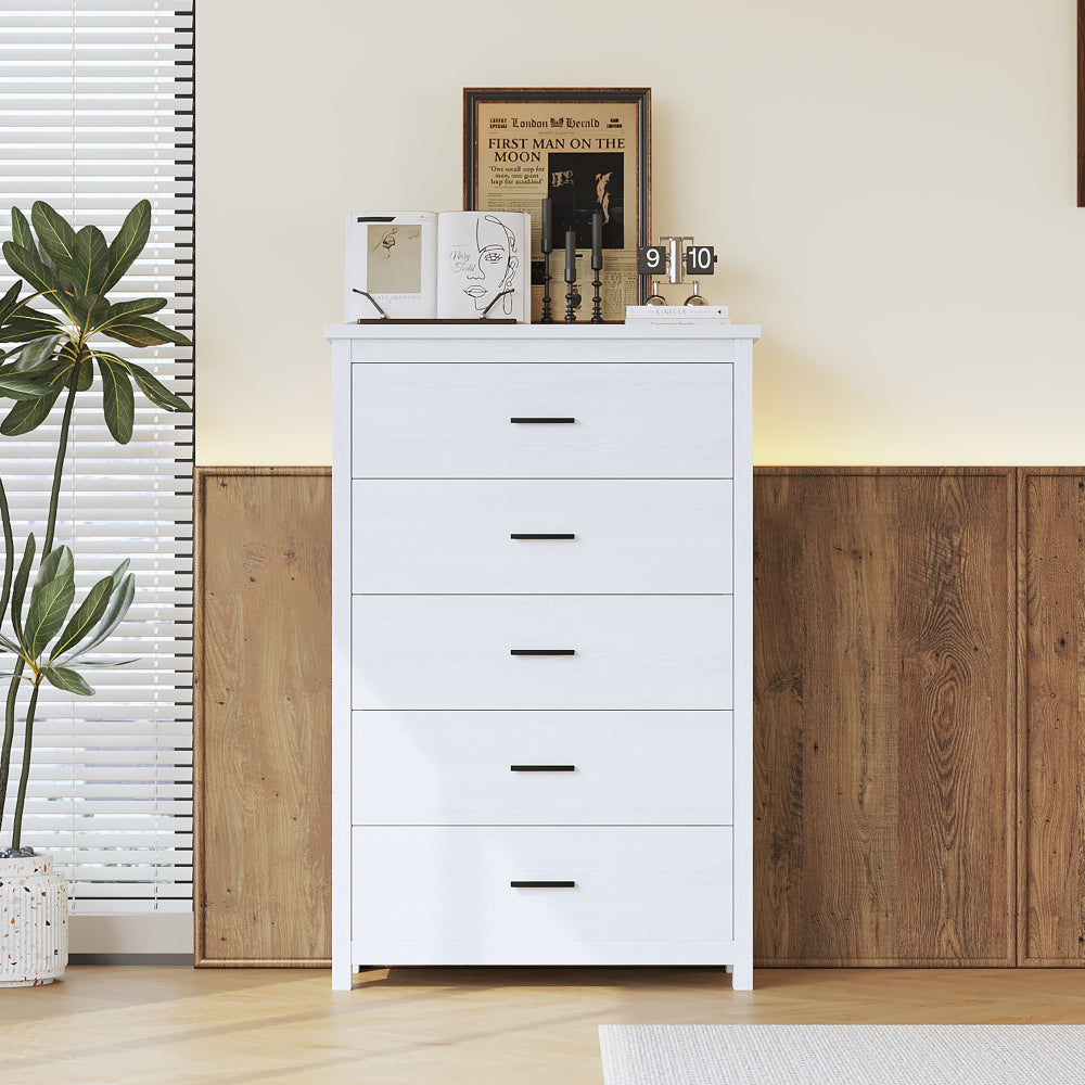 Retro American Country Style Wooden Dresser with 5 Drawer, Storage Cabinet for Bedroom, White