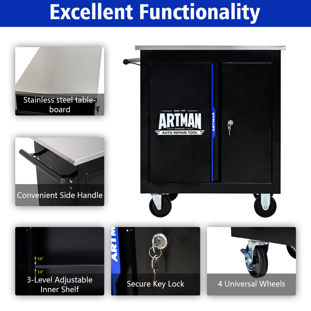 Movable Lockable Double Door Partition with Lock Multi-functional Hardware Storage Tool Car Auto Repair Locker--BLAK&BLUE