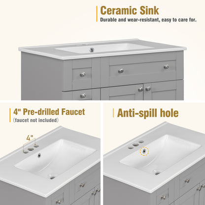30-Inch Grey Bathroom Vanity with Ceramic Sink Combo, Abundant Storage Cabinet - 2 Soft-close Doors and Double-tier Deep Drawer