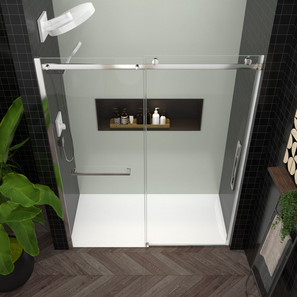 S-RM6076TC 56-60"W x 76"H Sliding Shower Door, Frameless Glass Shower Door with Chrome Hardware, Towel Bar and Handle,Drop Shipping available