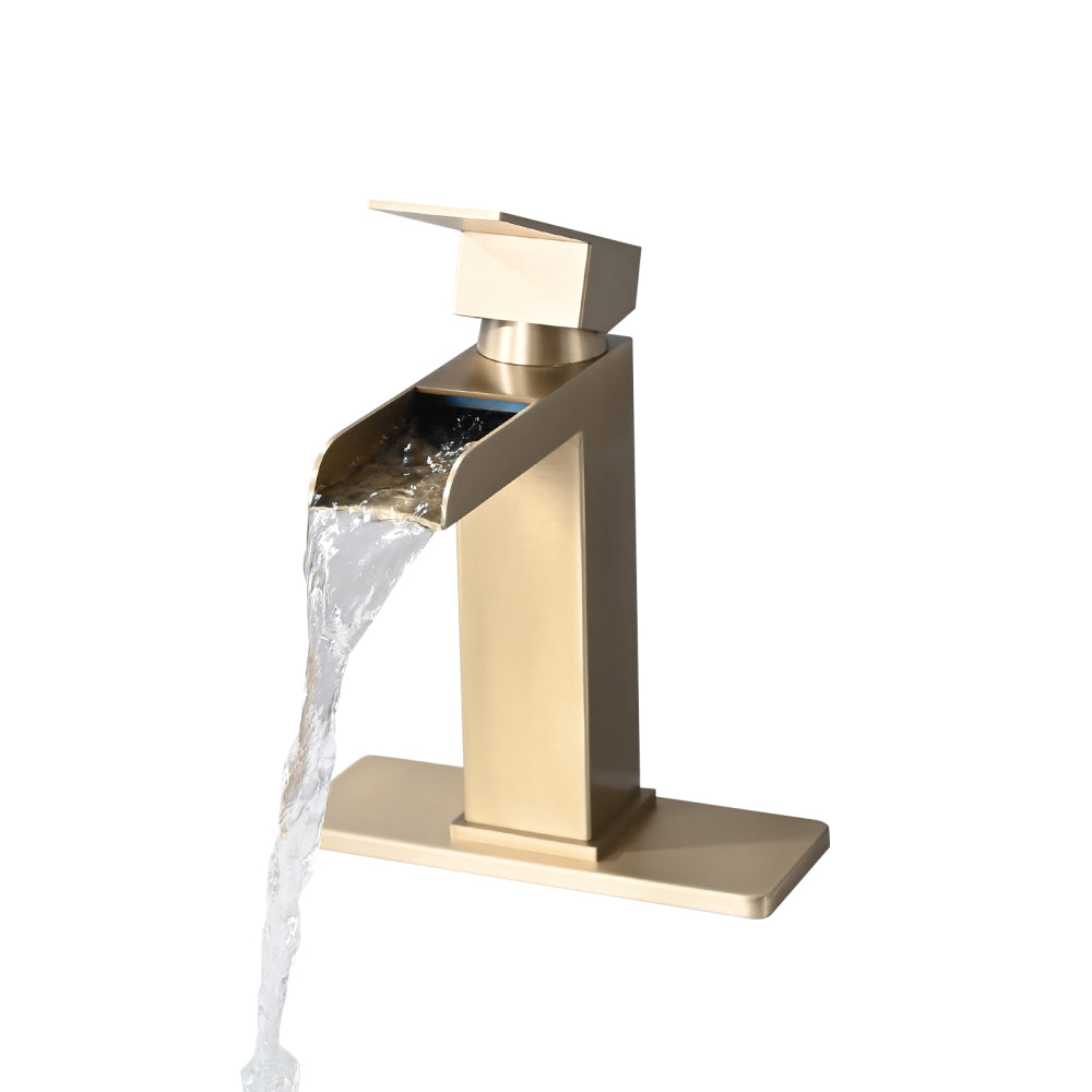 Waterfall Bathroom Faucet Brushed Gold Single Handle Bathroom Sink Faucets 1 or 3 Hole Solid Vanity Faucet with Deck Plate & Overflow Pop Up Drain Brushed Gold