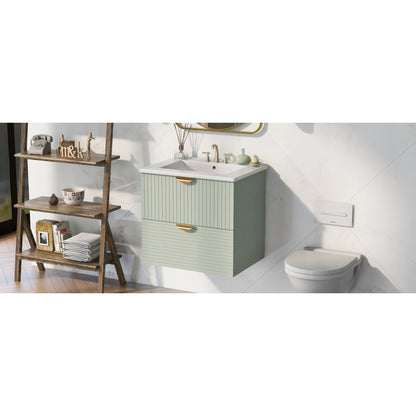 Modern 24-Inch Wall-Mounted Bathroom vanity with 2 Drawers, Green - Ideal for Small Bathrooms