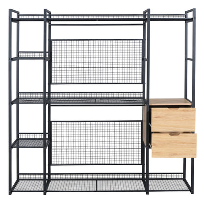 Open-Style Wardrobe with Hanging Rails, Shelves and Drawers, Black