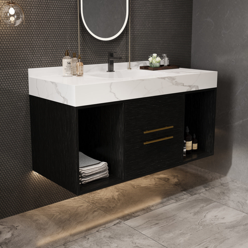 39.4" Bathroom Vanities with Ceramic Sink,Floating Bathroom Vanity,Wall Mounted Storage Cabinet with 2 Drawers and 2 Storage Spaces,Modern Bathroom Sink Cabinet with Metal Handles