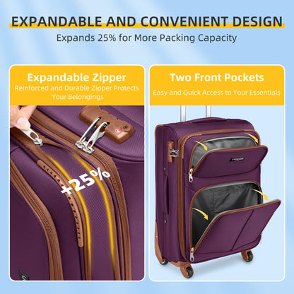 Luggage Sets 5 Piece Softside Expandable Suitcases Set with Spinner Wheels TSA Lock, Purple