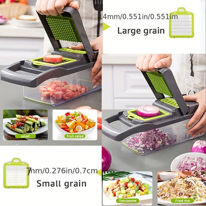 14/16 pieces/set, multi-function vegetable slicer, multi-purpose chopper, fruit and vegetable slicer, kitchen shredder, kitchen supplies, onion shredder, manual vegetable slicer with container and lid, potato shredder, kitchen supplies