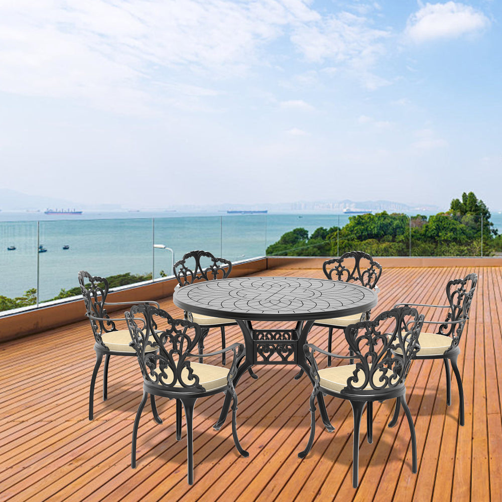 Ø47.24-inch Cast Aluminum Patio Dining Table With Black Frame and Carved Texture on the Tabletop