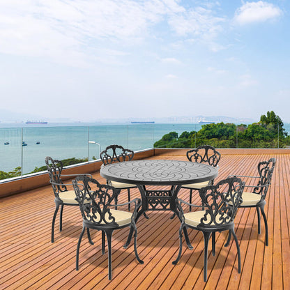 Ø47.24-inch Cast Aluminum Patio Dining Table With Black Frame and Carved Texture on the Tabletop