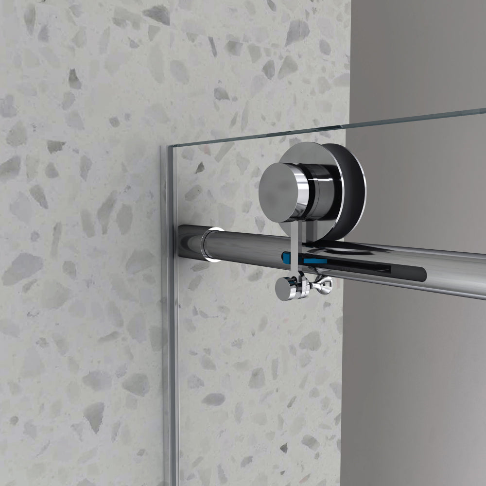 6063 Chrome frameless one fixed and one shifted Shower Door, 70MM 304 stainless steel large pulleys with adjustable soft closing function,with nano easy cleaning and stick explosion-proof menbrance