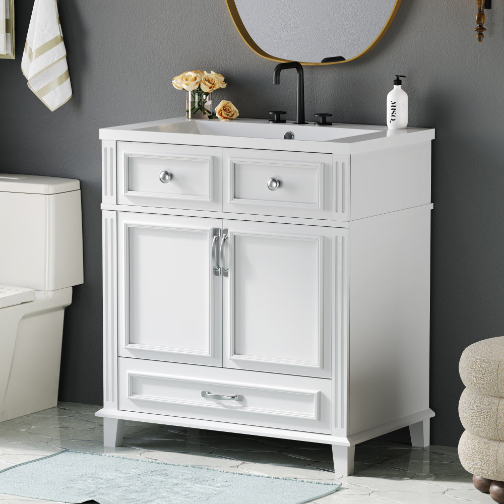 30'' Bathroom Vanity with Resin Sink, Solid Wood Frame Bathroom Storage Cabinet with Soft Closing Doors, Retro Style, White (Same as SW000118AAK)