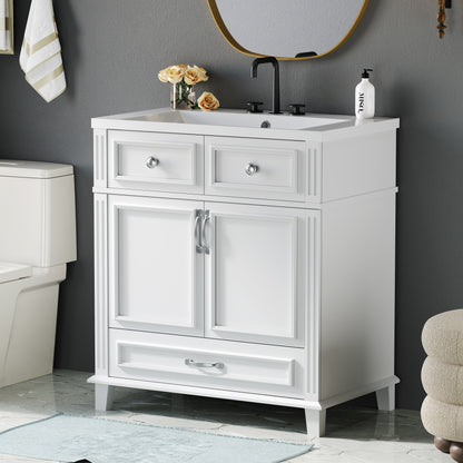 30'' Bathroom Vanity with Resin Sink, Solid Wood Frame Bathroom Storage Cabinet with Soft Closing Doors, Retro Style, White (Same as SW000118AAK)