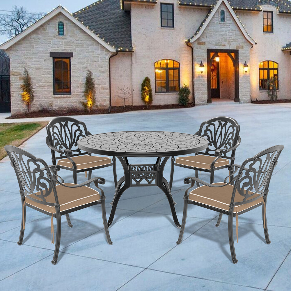 Ø47.24-inch Cast Aluminum Patio Dining Table With Black Frame and Carved Texture on the Tabletop