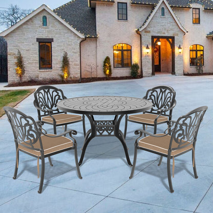 Ø47.24-inch Cast Aluminum Patio Dining Table With Black Frame and Carved Texture on the Tabletop