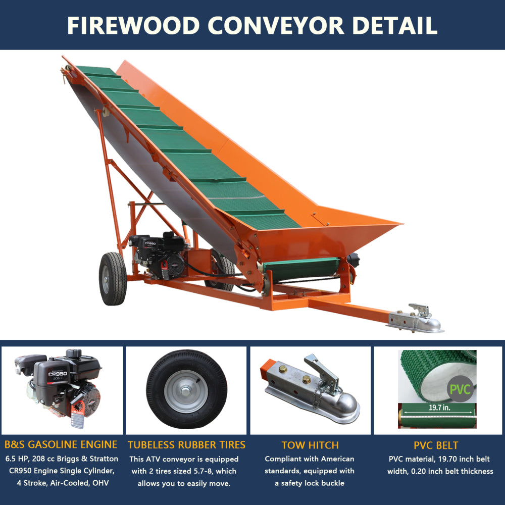 Firewood Conveyor 6.5HP 208cc Gasoline Powered 19.7" Width PVC Belt Wood Conveyor Lifter Elevator with B&S Engine